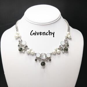 Vintage Givenchy Faux Pearl Rhinestone Necklace, Rhodium Plated, 1990s Jewelry